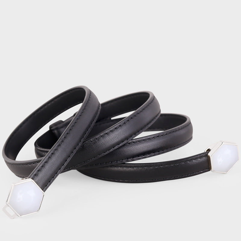 Black cowhide leather belt with geometric buckle detail