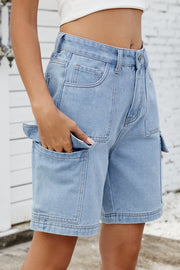Medium wash denim utility shorts with multiple cargo pockets.