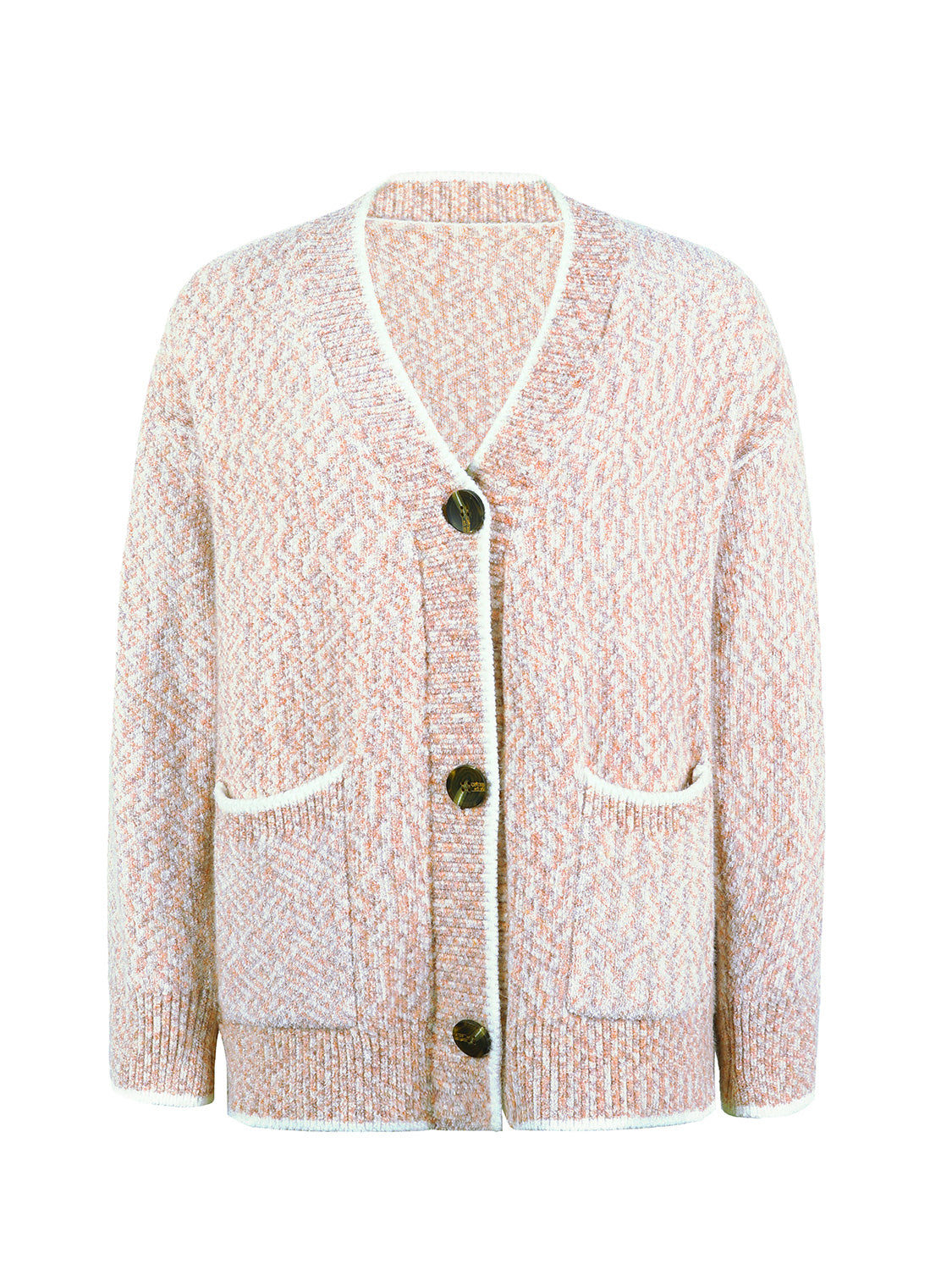 Blush pink textured knit cardigan with contrast trim and buttons