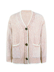 Blush pink textured knit cardigan with contrast trim and buttons