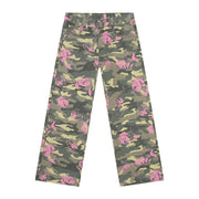 Camouflage wide-leg denim trousers with pink roses pattern.