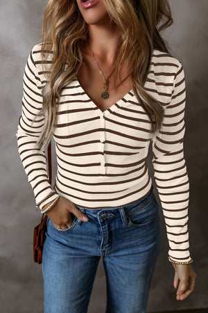 Ribbed stripe henley top in cream and brown with button placket and v-neck.