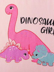 Children's pink graphic tee with playful dinosaurs and text.