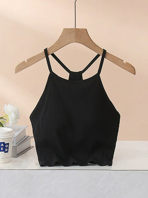 Black ribbed racerback crop top with thin straps and keyhole back detail.