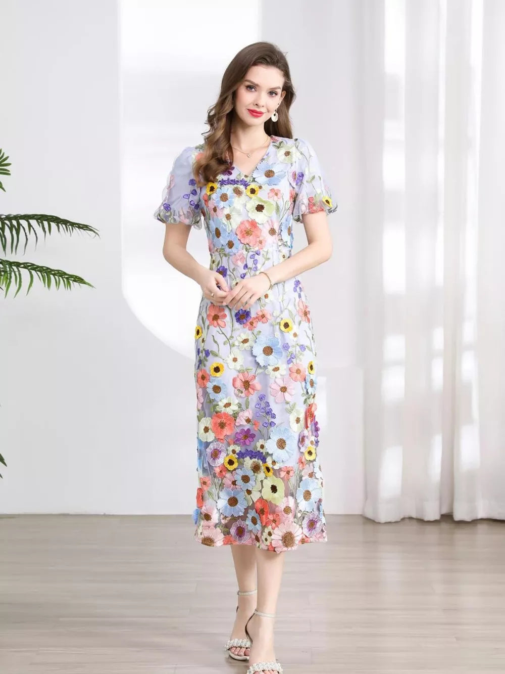 Embroidered Floral Puff Sleeve Midi Dress