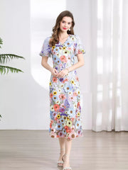 Embroidered Floral Puff Sleeve Midi Dress