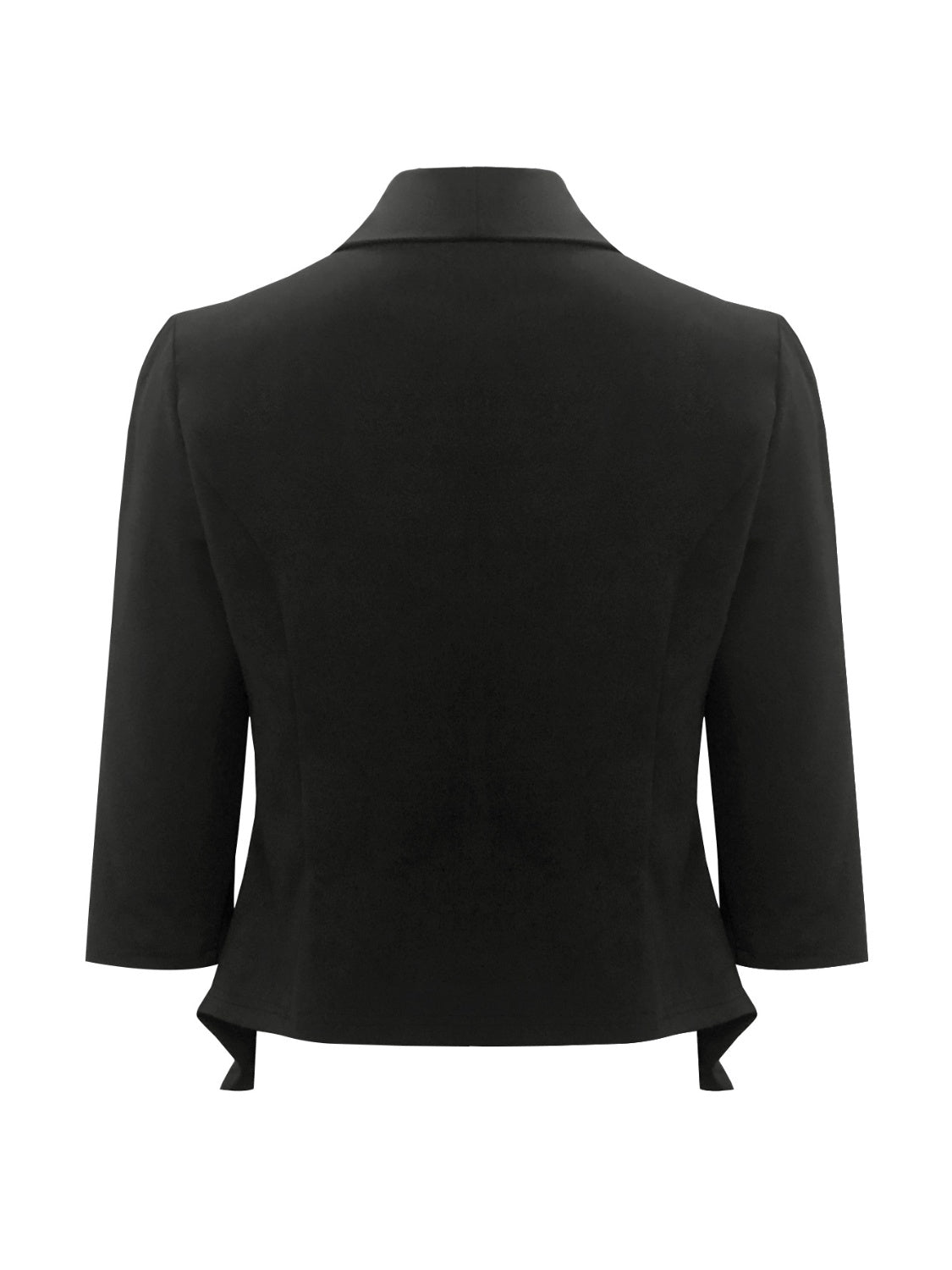 Black blazer with 3/4 sleeves and a sculpted, draped hemline.