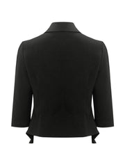Black blazer with 3/4 sleeves and a sculpted, draped hemline.