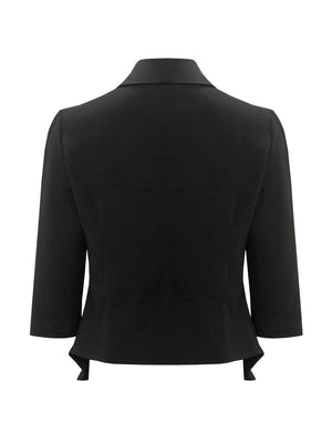 Black blazer with 3/4 sleeves and a sculpted, draped hemline.