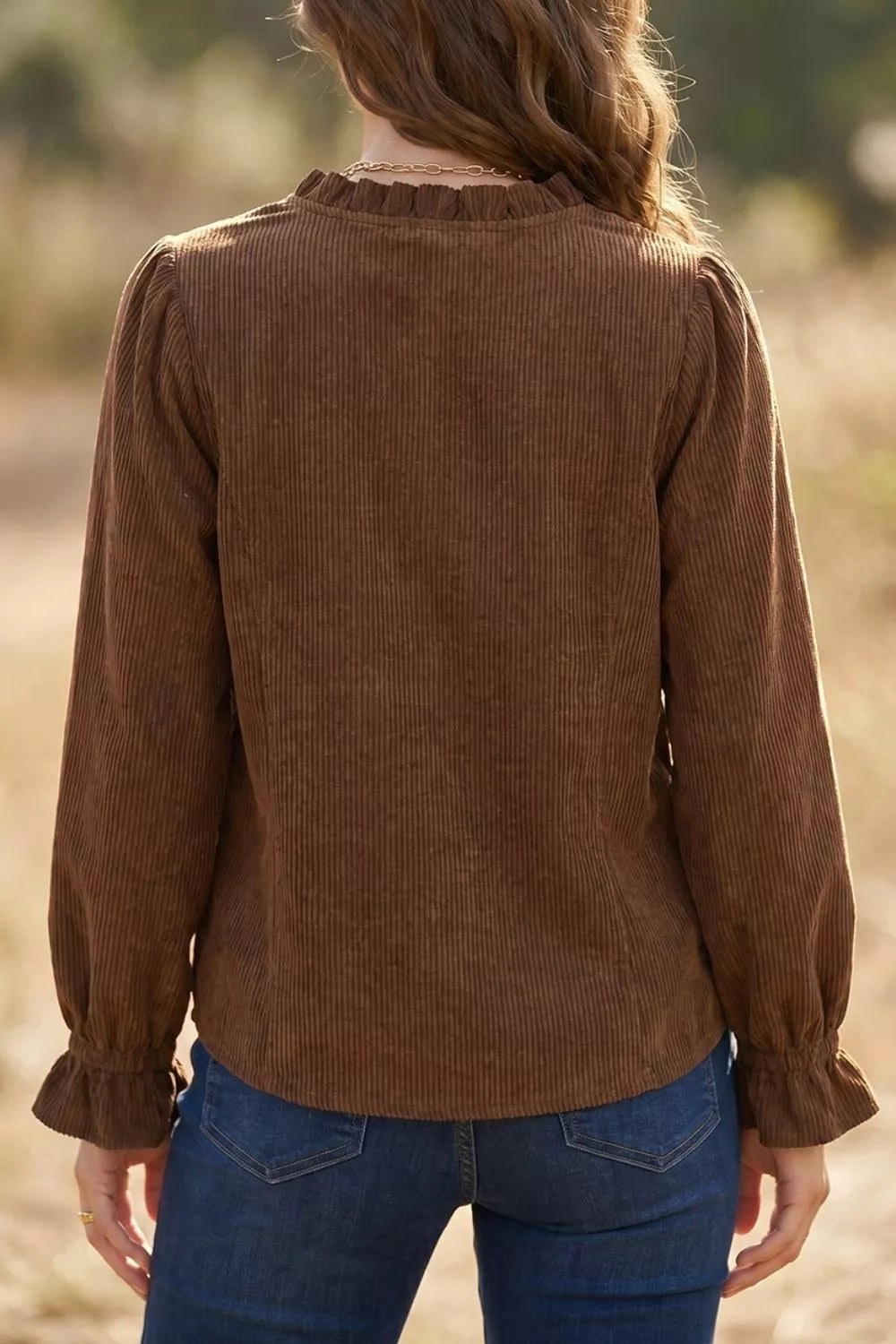 Solid Color Ruffle Trim V Neck Corduroy Jacket, model styling view