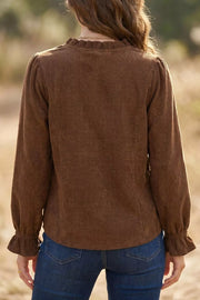 Solid Color Ruffle Trim V Neck Corduroy Jacket, model styling view