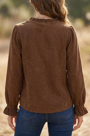 Solid Color Ruffle Trim V Neck Corduroy Jacket, model styling view