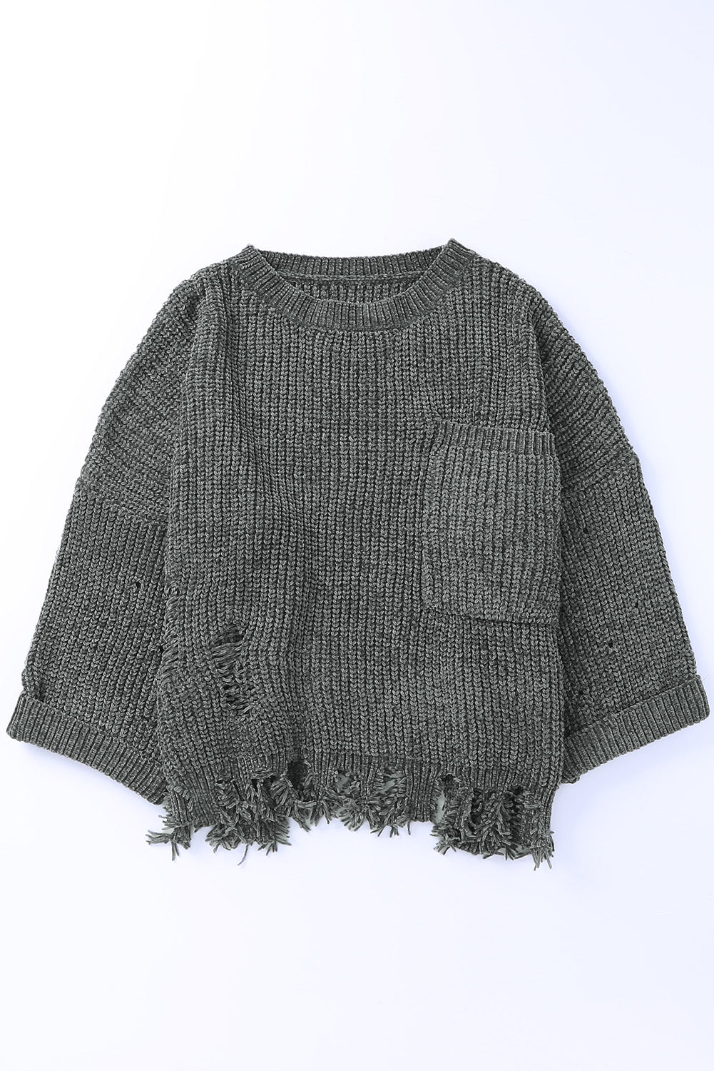 Distressed dark gray knit sweater with crew neck, chest pocket, and frayed hem.