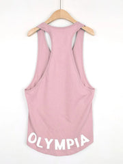 Olympia Racerback Tank top in Dusty Pink with white lettering, racerback, and curved hem.