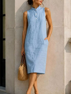 Button Detail Sleeveless Midi Dress in Lotus Color, front view
