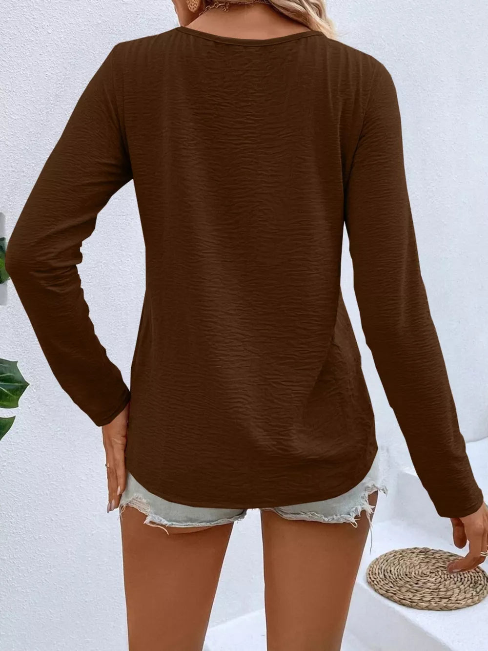 Full Size V-neck Decor Button Long Sleeve T-shirt Plus Size in Red, view 18