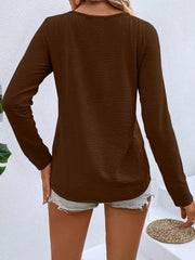 Full Size V-neck Decor Button Long Sleeve T-shirt Plus Size in Red, view 18