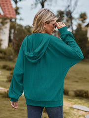 Deep Teal textured knit dolman sleeve hoodie with a cable knit pattern and drawstring hood.