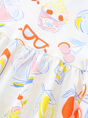 Toddler A-line dress with playful summer print, featuring sailboats, ice cream, sunglasses, and fruit on white cotton.