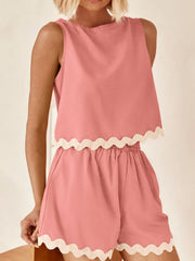 Coral scallop trim outfit set with sleeveless crop top and shorts