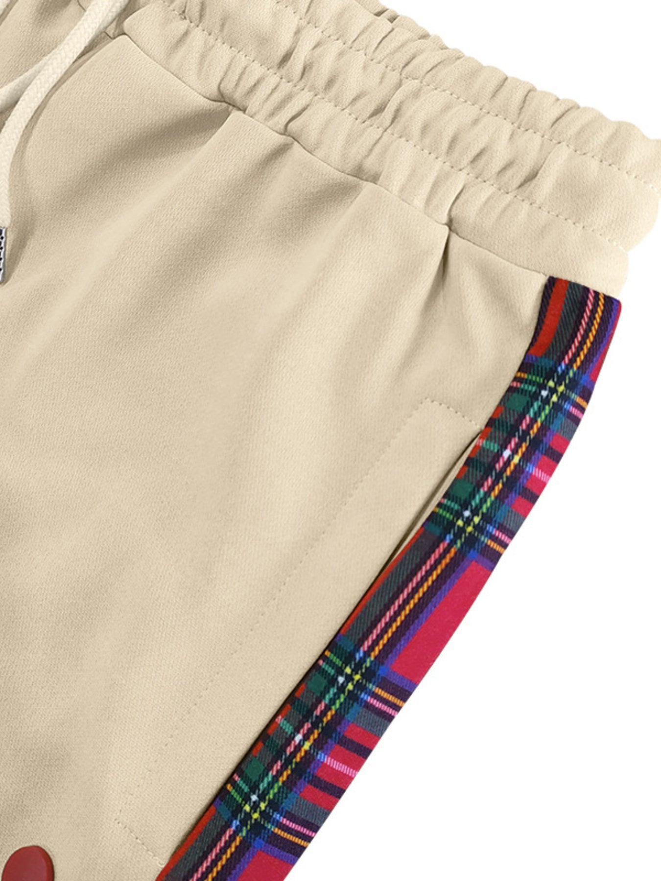 Khaki men's sweatpants with plaid side stripe detail and drawstring waist.
