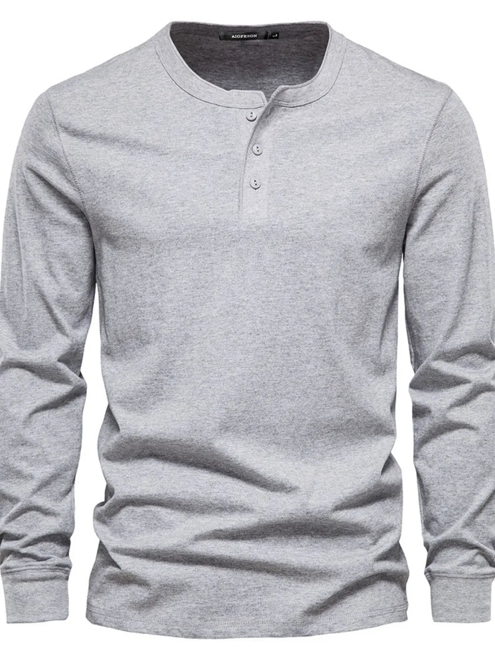 Gray Henley knit long sleeve tee with button placket and crew neck.
