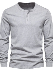 Gray Henley knit long sleeve tee with button placket and crew neck.