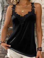 Black lace trimmed halter cami with a V-neckline and floral detail.