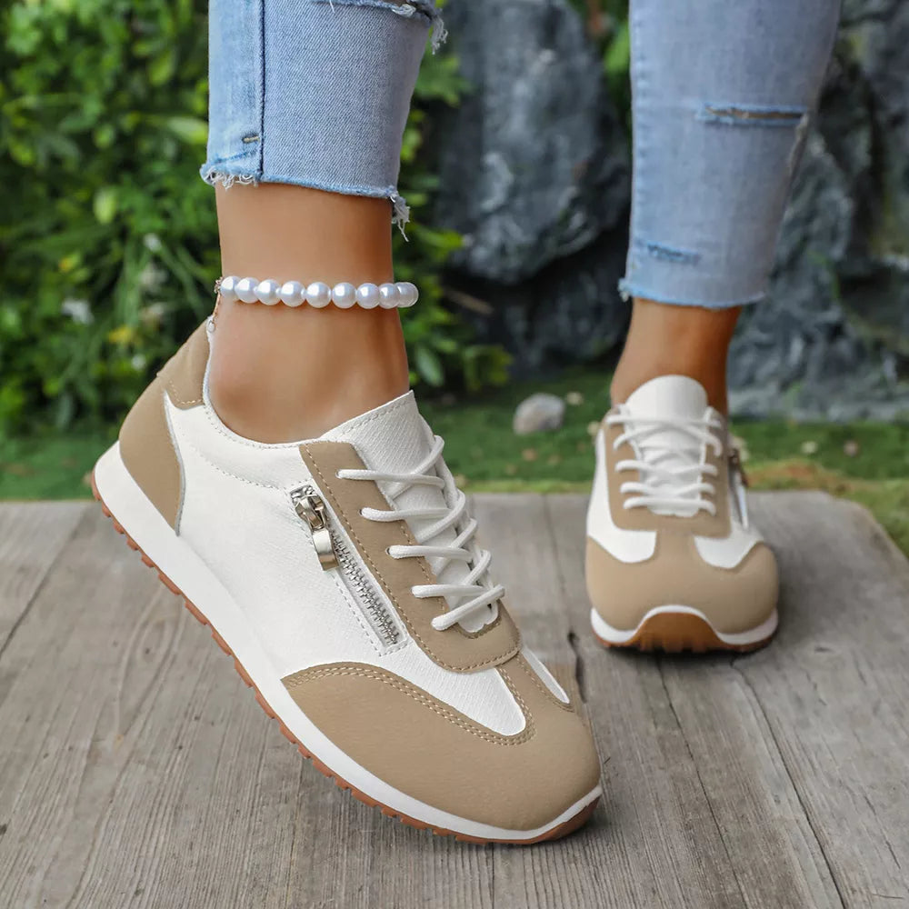 Round Toe Lace Up Sneakers in Khaki, close-up detail