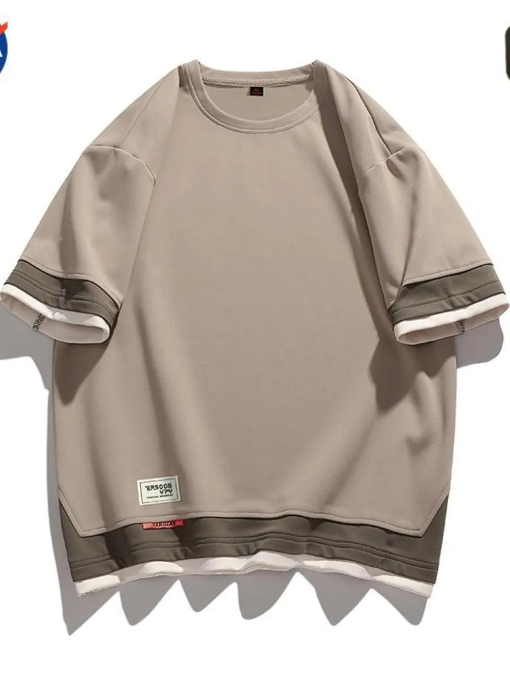 Men's beige cotton blend t-shirt with contrast stitching on sleeves and hem.