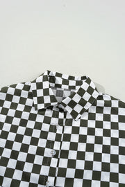 Olive and white checkered button-down shirt with a classic collar and clear buttons.