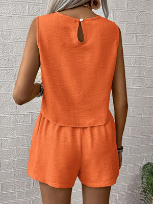 Orange textured linen tank top and shorts set with keyhole back detail