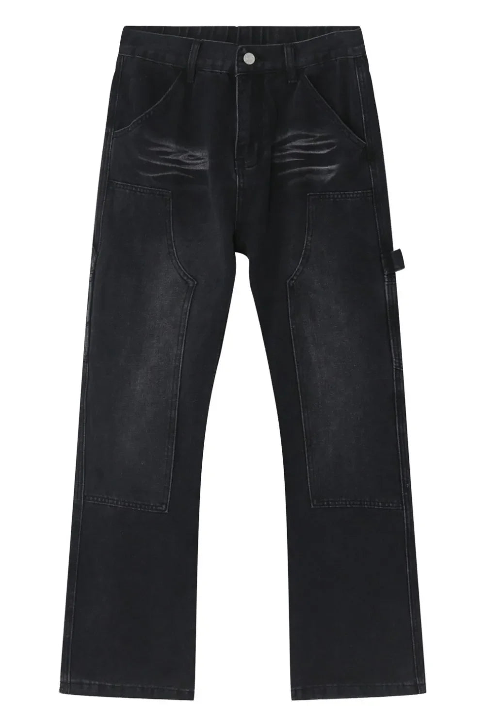 Dark wash wide leg carpenter jeans with utility pockets and a relaxed fit.