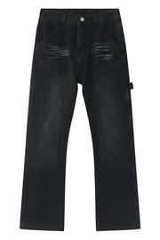 Dark wash wide leg carpenter jeans with utility pockets and a relaxed fit.
