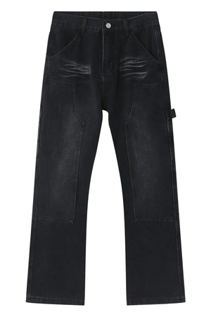 Dark wash wide leg carpenter jeans with utility pockets and a relaxed fit.