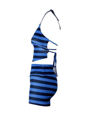 Blue and black striped halter neck crop top and high-waisted shorts set.