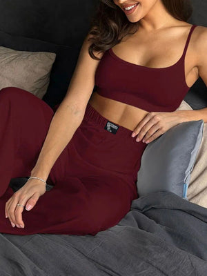 Burgundy scoop neck cami and wide-leg pants set with a comfortable fit.