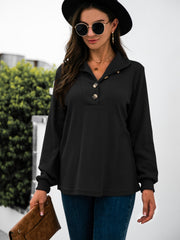Black long sleeve waffle knit tee with button collar and cuff detail