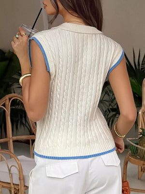 Cable Knit Polo Sweater Vest With Contrast Trim in Beige, back view