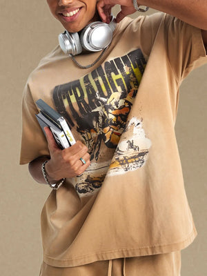 Khaki oversized graphic tee with a distressed vintage look and western-themed print.