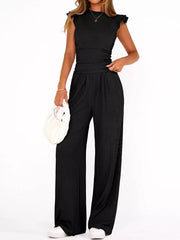 Black ruffled cap sleeve maternity top and wide leg pants set