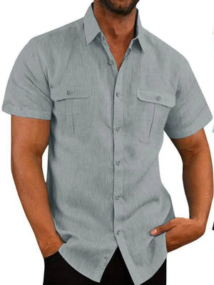 Men's gray textured linen short sleeve utility shirt with two chest pockets.