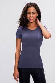 Sculpted Active Seamless Tee in dark blue with subtle texture details and a crew neck.