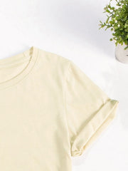 Light yellow t-shirt with rolled short sleeves and a crew neck.