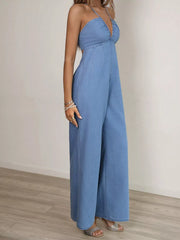 Spaghetti Strap Wide Leg Denim Jumpsuit, fabric detail