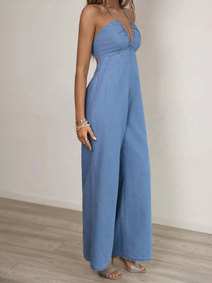 Spaghetti Strap Wide Leg Denim Jumpsuit, fabric detail