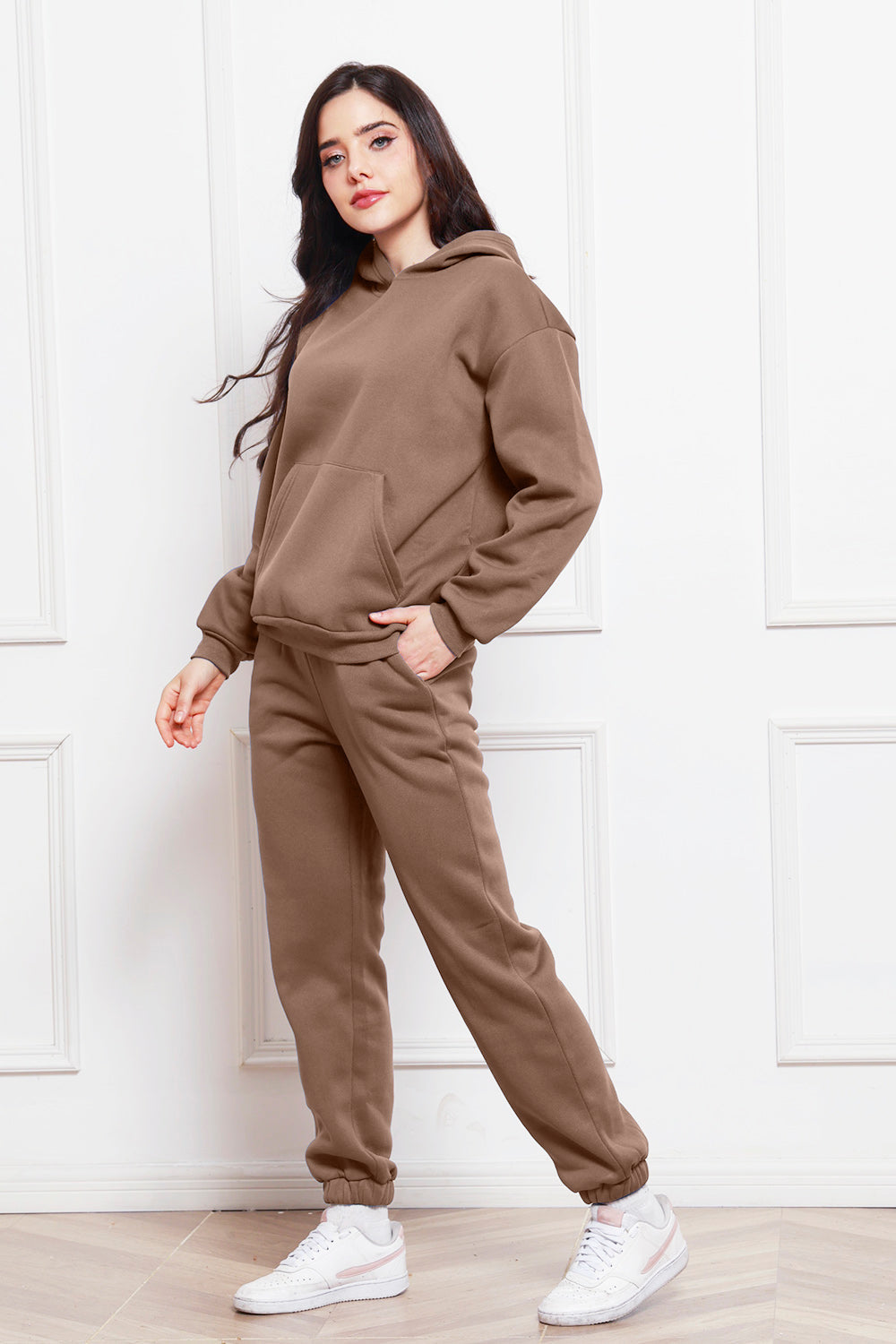 Mocha relaxed fit hoodie and joggers set with front pocket detail.
