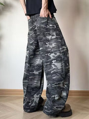 Men's loose fit 100% cotton cargo pants in a grey camouflage pattern with multiple pockets.