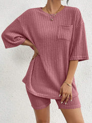 Relaxed ribbed lounge set in Dusty Pink with a chest pocket and short sleeves.