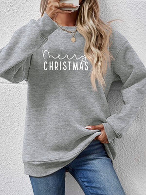 Charcoal Merry Christmas graphic sweatshirt with crewneck and long sleeves.